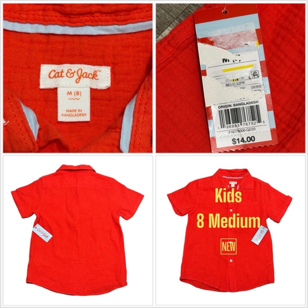 Cat & Jack Boys Girls YM 8 Youth Button Front Top Red Coral Short Sleeve NWT